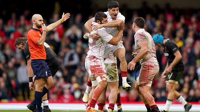 Georgia players celebrate after victory over Wales in 2022 Autumn Internationals