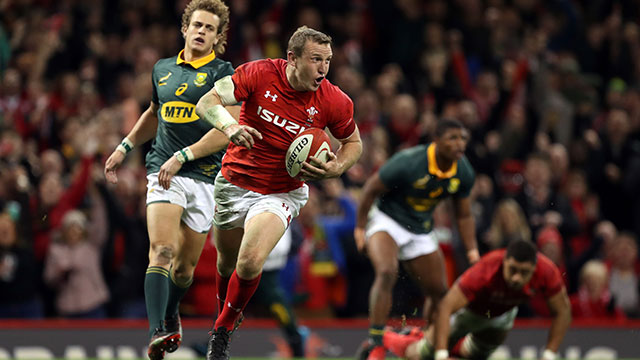 Hadleigh Parkes scores Wales' third try against South Africa