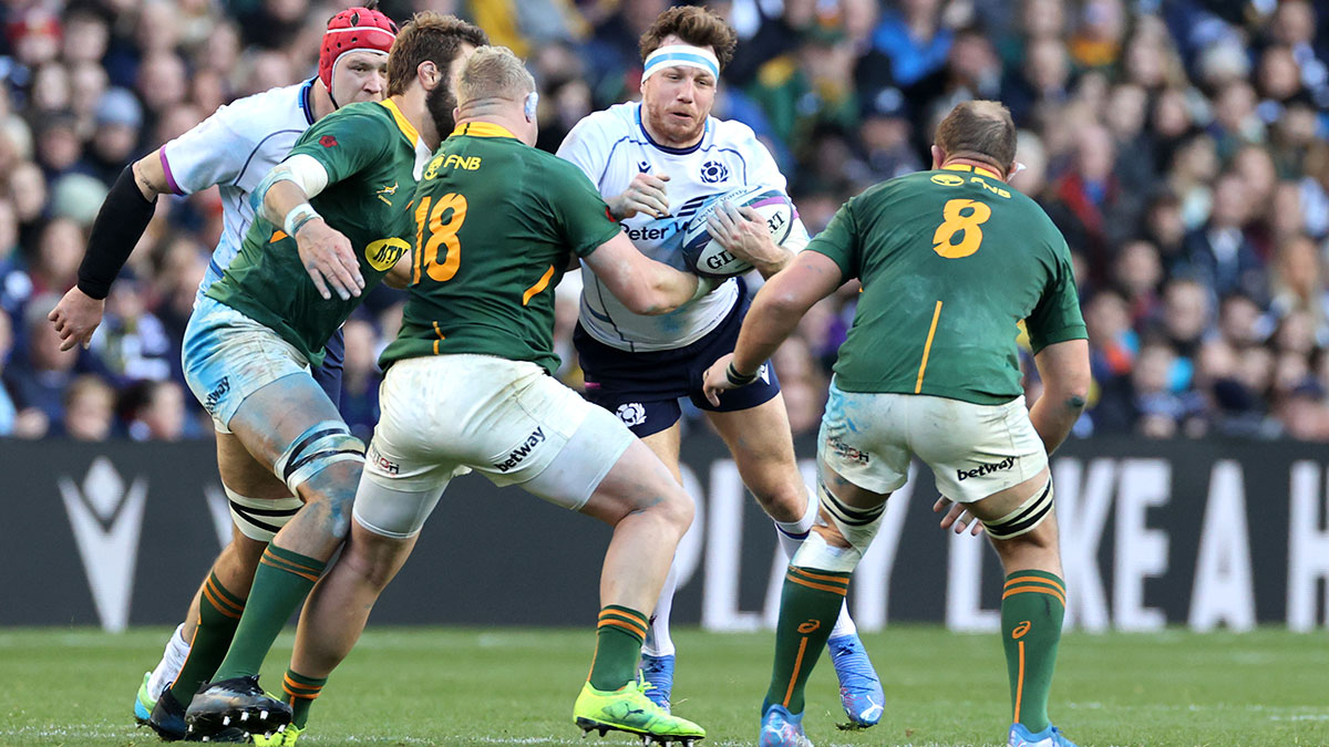 Hamish Watson is tackled during Scotland v South Africa match in 2021 Autumn Internationals