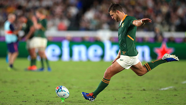 Handre Pollard kicks a conversion for South Africa in World Cup final