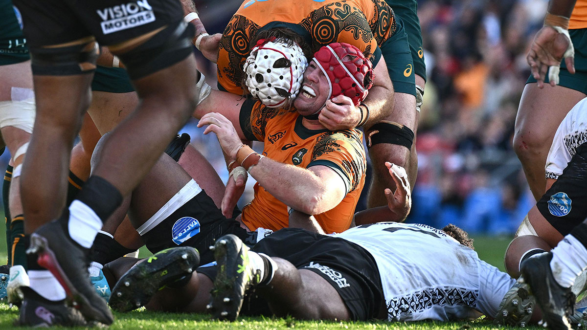 Harry Wilson celebrates his try for Australia v Fiji during 2025 Summer Internationals