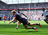 Henry Pollock scores a try for England against Fiji during the 202 Nations Championship
