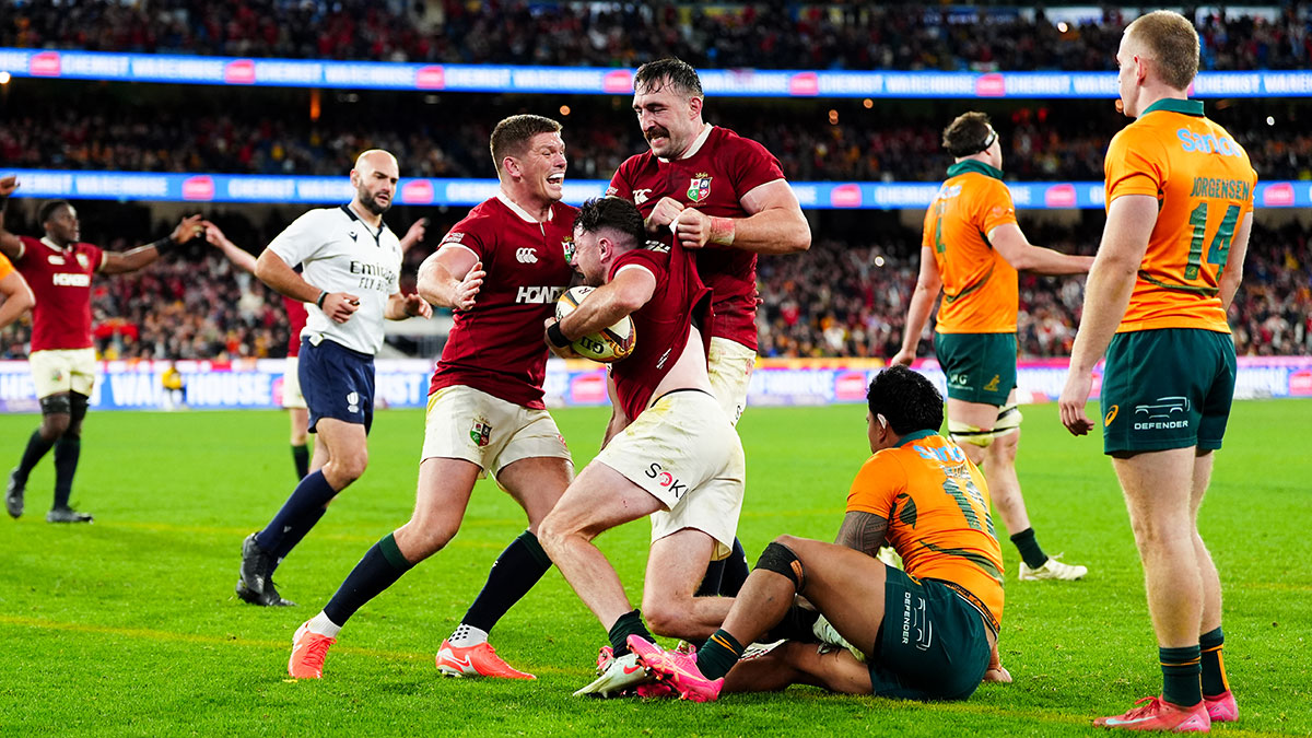 Hugo Keenan celebrates his try in the Lions victory over Australia in the second Test of Lion 2025 tour