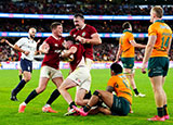 Hugo Keenan celebrates his try in the Lions victory over Australia in the second Test of Lions 2025 tour