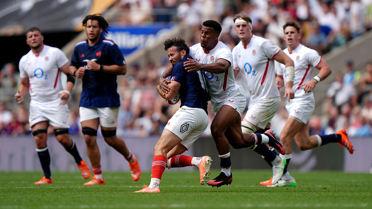 Immanuel Feyi-Waboso tackles Antoine Hastoy in the England XV v France XV match before 2025 Summer tour