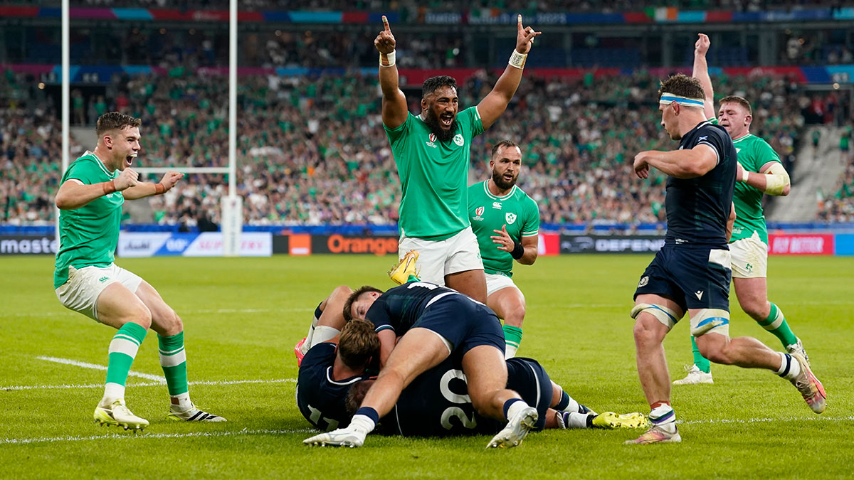 Ireland players celebrate a try against Scotland at 2023 Rugby World Cup