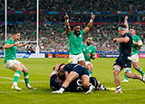 Ireland players celebrate a try against Scotland at 2023 Rugby World Cup