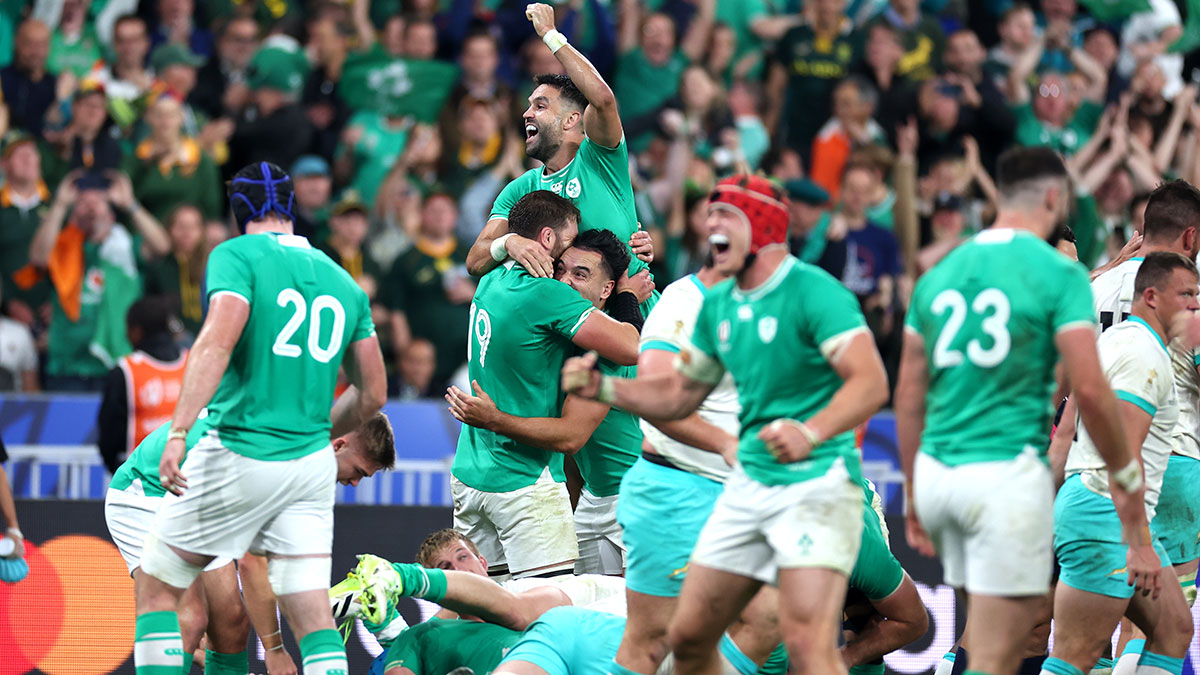 Ireland players celebrate victory over South Africa at 2023 Rugby World Cup