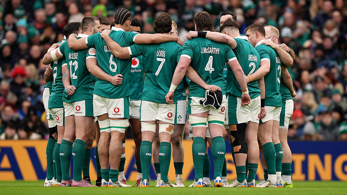 Ireland players huddle during Ireland v Italy match in 2026 Six Nations