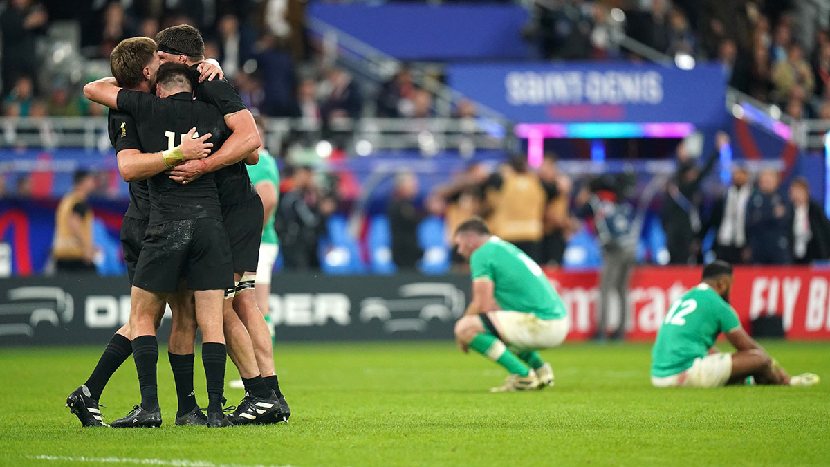 Ireland players look dejected after losing to All Blacks in 2023 Rugby World Cup quarter final