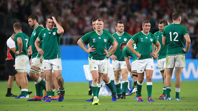 Ireland players look dejected after losing to Japan at World Cup