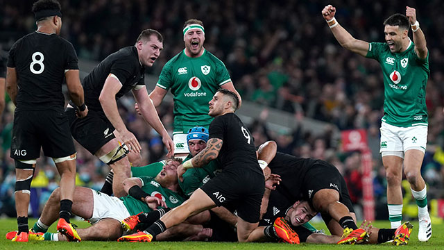 Ireland players react after being awarded a penalty in final minute of match against New Zealand in 2021 autumn internationals