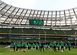 Ireland team warm up at Aviva Stadium before facing Scotland in 2020 Six Nations