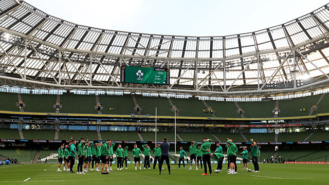 Ireland team warm up at Aviva Stadium before facing Scotland in 2020 Six Nations