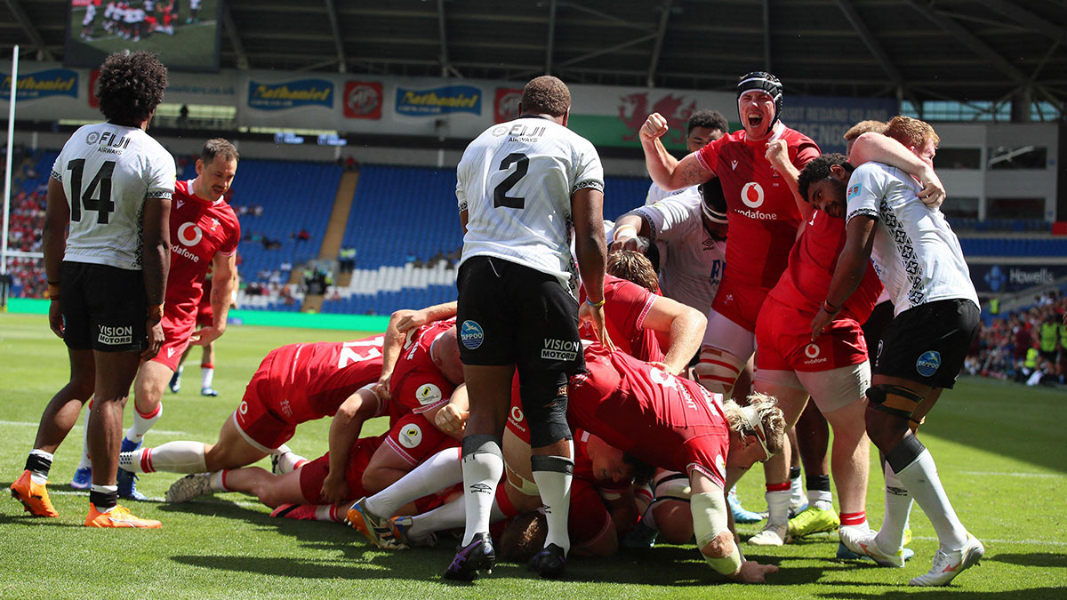 Jac Morgan scores a try for Wales against Fiji during 2026 Nations Championship