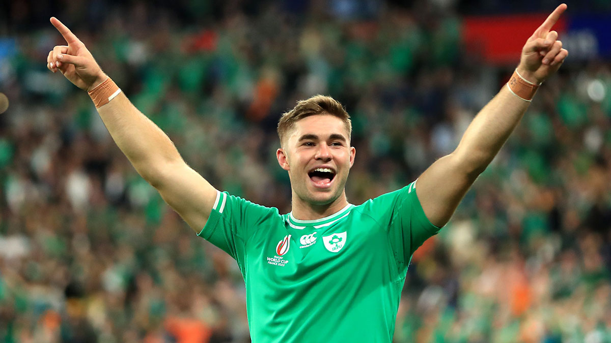 Jack Crowley celebrates after Ireland victory over South Africa at 2023 Rugby World Cup