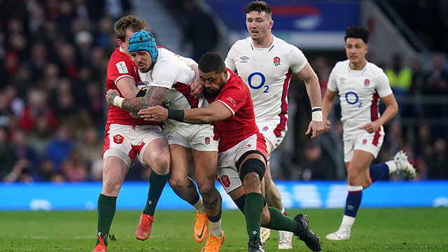 Jack Nowell tackled byTaulupe Faletau during England v Wales match in 2022 Six Nations