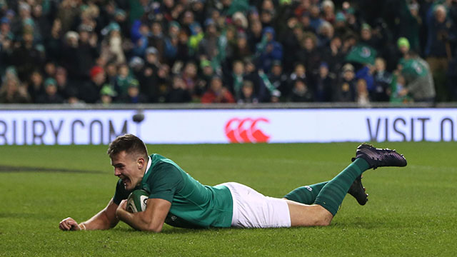 Jacob Stockdale scores a try for Ireland against Argentina