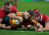 Jake Gordon scores a try for Australia v Wales in 2024 summer internationals