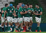 James Lowe is congratulated after scoring a try for Ireland v Wales in 2020 Autumn Nations Cup