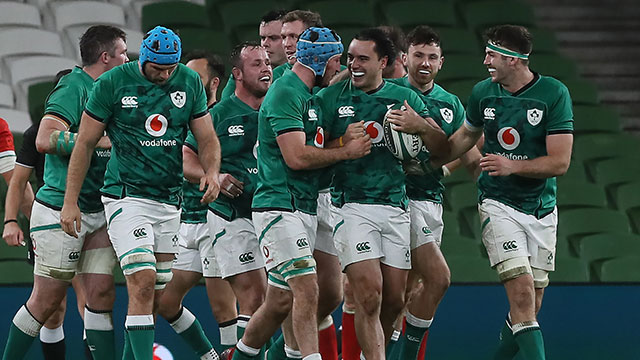 James Lowe is congratulated after scoring a try for Ireland v Wales in 2020 Autumn Nations Cup