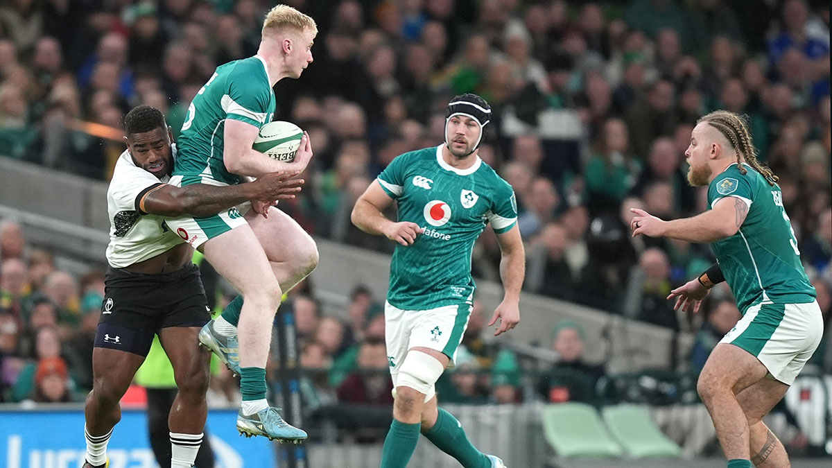 Jamie Osborne is tackled during Ireland v Fiji match in 2024 autumn internationals