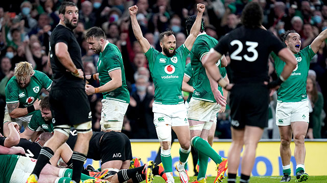 Jamison Gibson Park celebrates Ireland victory over New Zealand in 2021 Autumn Internationals