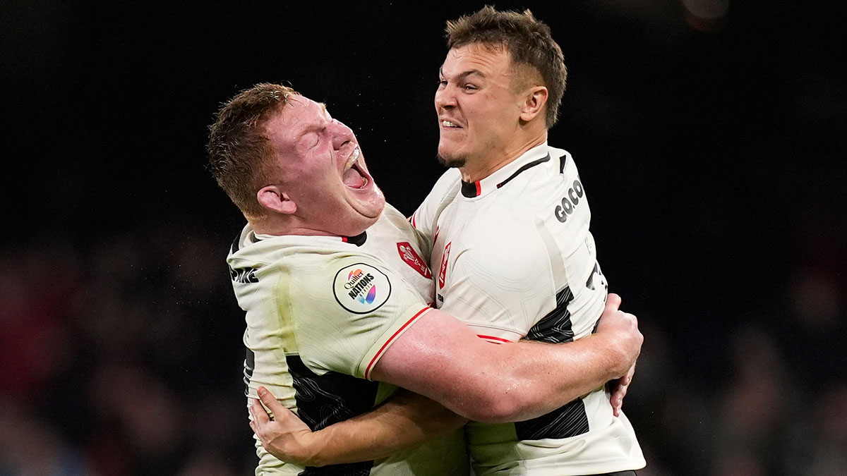 Jarrod Evans is congratulated by Rhys Carre after Wales victory over Japan in 2025 Autumn Internationals