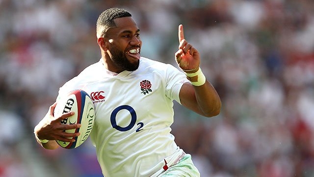 Joe Cokanasiga celebrates scoring a try for England v Ireland at Twickenham