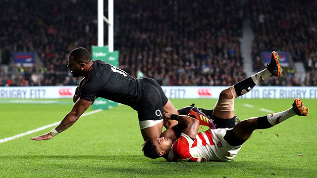 Joe Cokanasiga scores a try for England v Japan