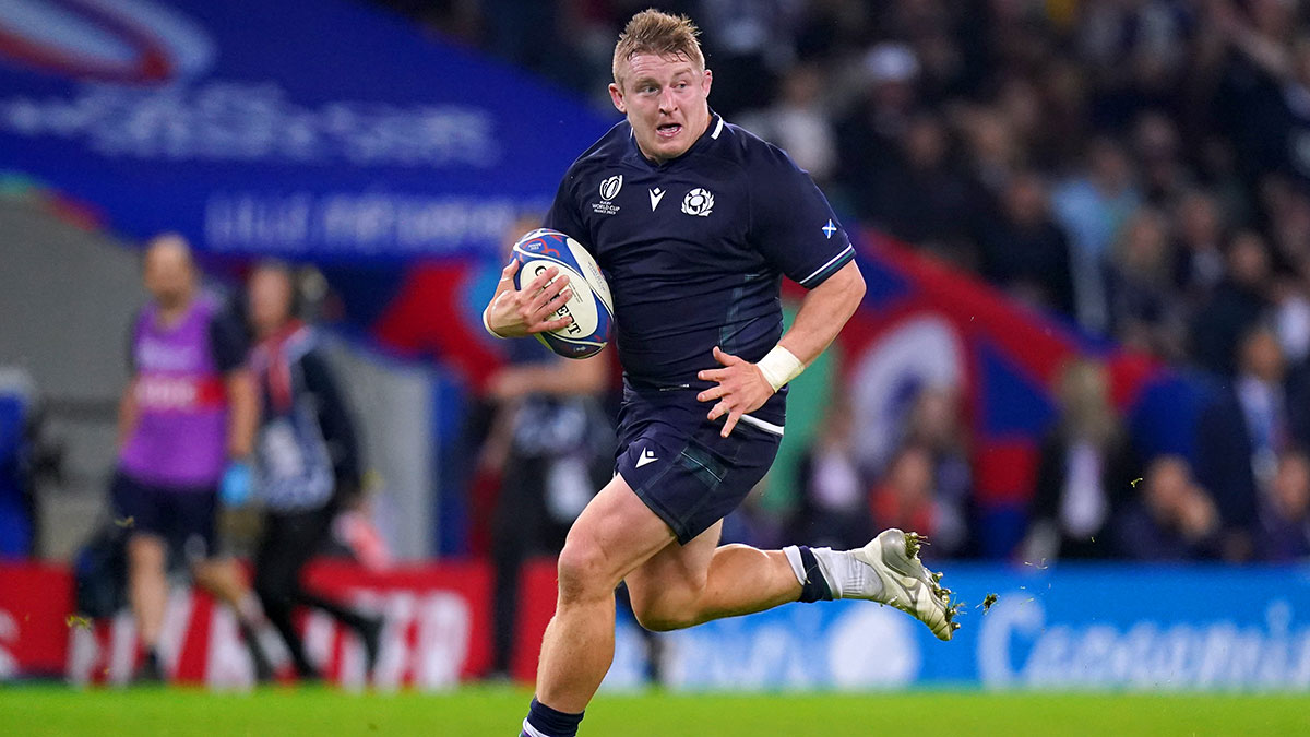 Johnny Matthews in action for Scotland v Romania at 2023 Rugby World Cup