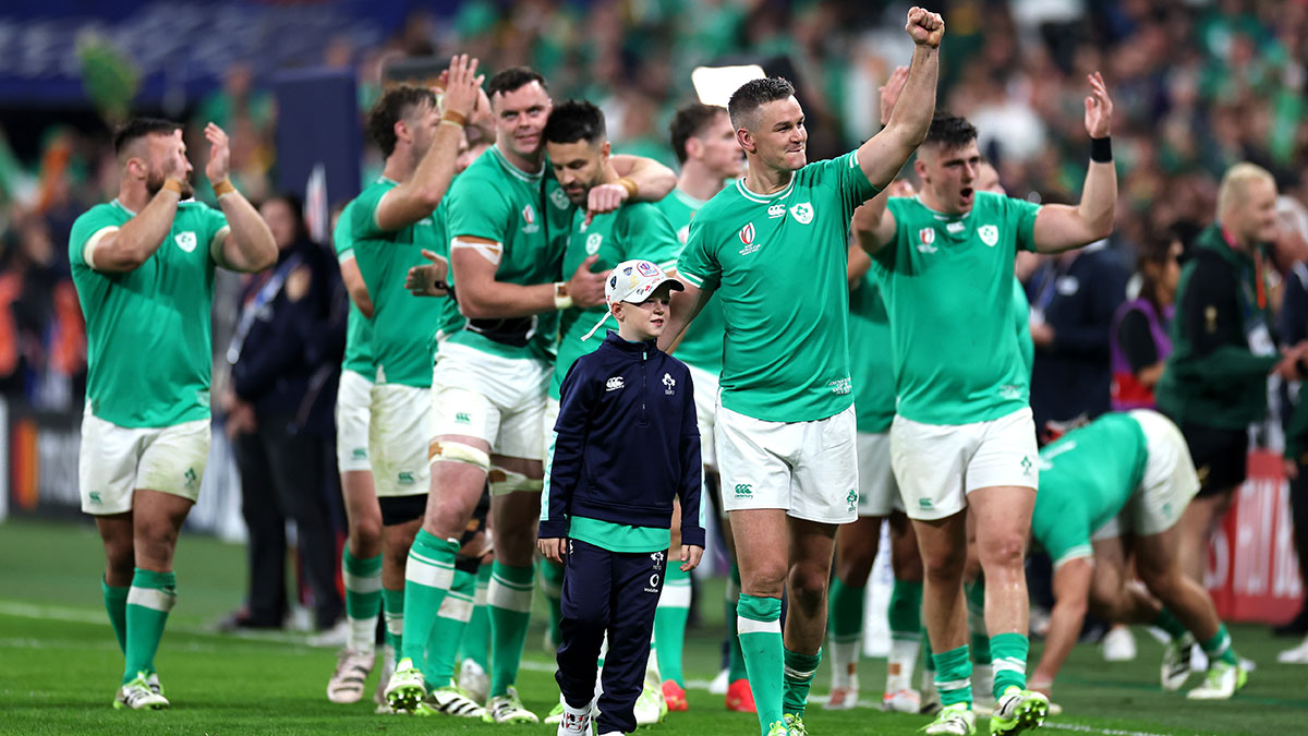 Johnny Sexton and team mates celebrate after Ireland victory over South Africa at 2023 Rugby World Cup