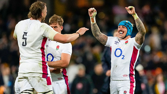 Jonny Hill and Jack Nowell celebrate after beating Australia in 3rd Test of 2022 summer tour