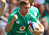 Jordan Larmour celebrates scoring a try against England in World Cup warm match