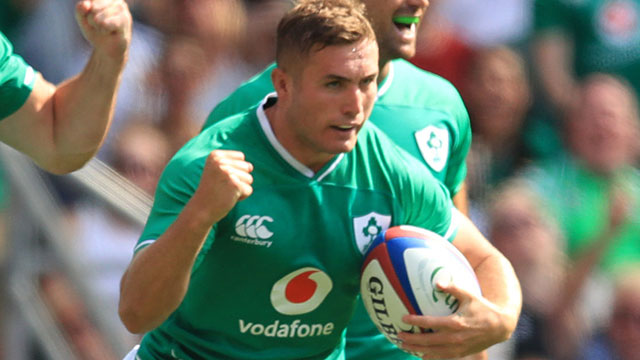 Jordan Larmour celebrates scoring a try against England in World Cup warm match