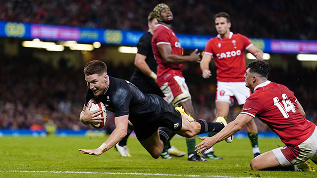 Jordie Barrett scores a try for New Zealand against Wales during 2022 Autumn Internationals