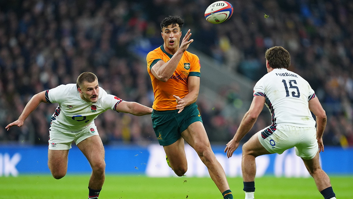 Joseph Suaalii in action for Australia against England during 2024 autumn internationals