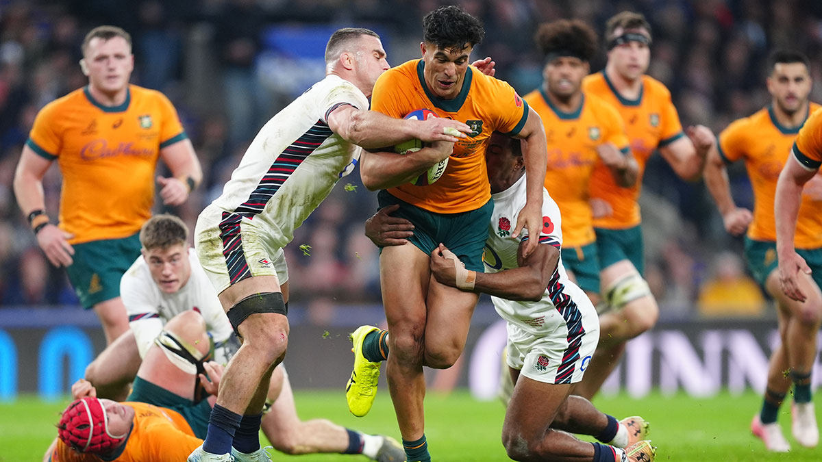 Joseph Suaalii is tackled in England v Australia match during 2024 autumn internationals