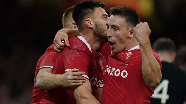 Josh Adams celebrates a Wales try against New Zealand in 2021 autumn internationsl