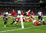 Josh Adams completes his hat-trick of tries in the Wales v Fiji World Cup match