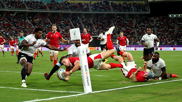 Josh Adams completes his hat-trick of tries in the Wales v Fiji World Cup match