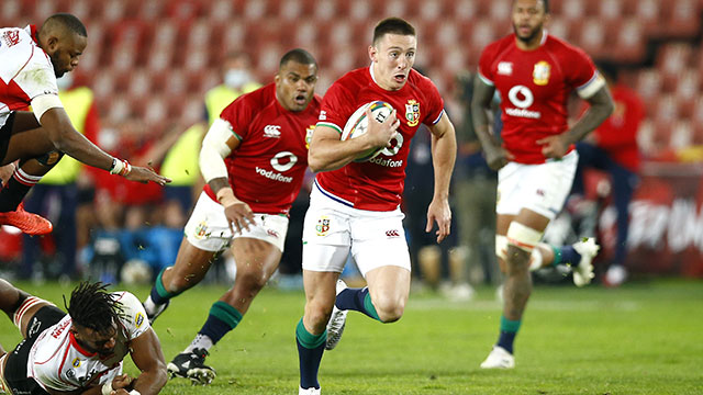 Josh Adams runs through to score his fourth try for Lions v Sigma Lions