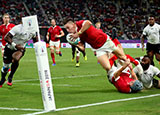 Josh Adams scores a try for Wales v Fiji at 2019 Rugby World Cup