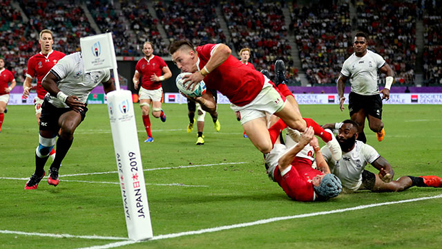 Josh Adams scores a try for Wales v Fiji at 2019 Rugby World Cup