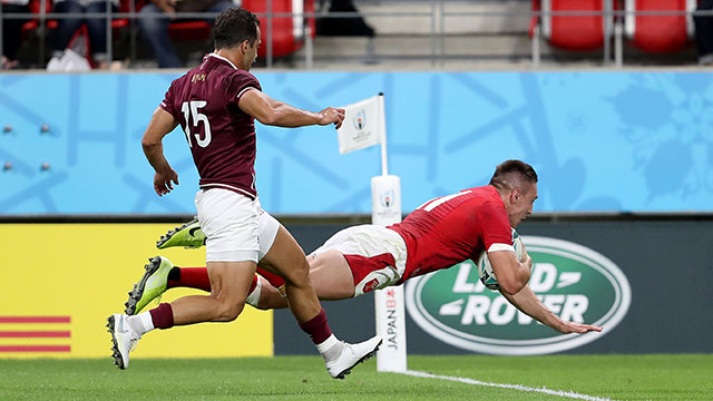 Josh Adams scores a try for Wales v Georgia in World Cup