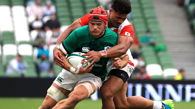 Josh van der Flier is tackled during the Ireland v Japan summer Test match