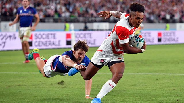 Kotaro Matsushima scores his third try for Japan v Russia in World Cup Pool A match