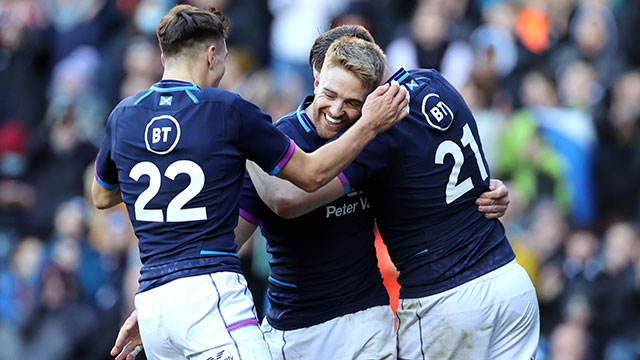 Kyle Steyn celebrates scoring his fourth try in the Scotland v Tonga 2021 autumn international