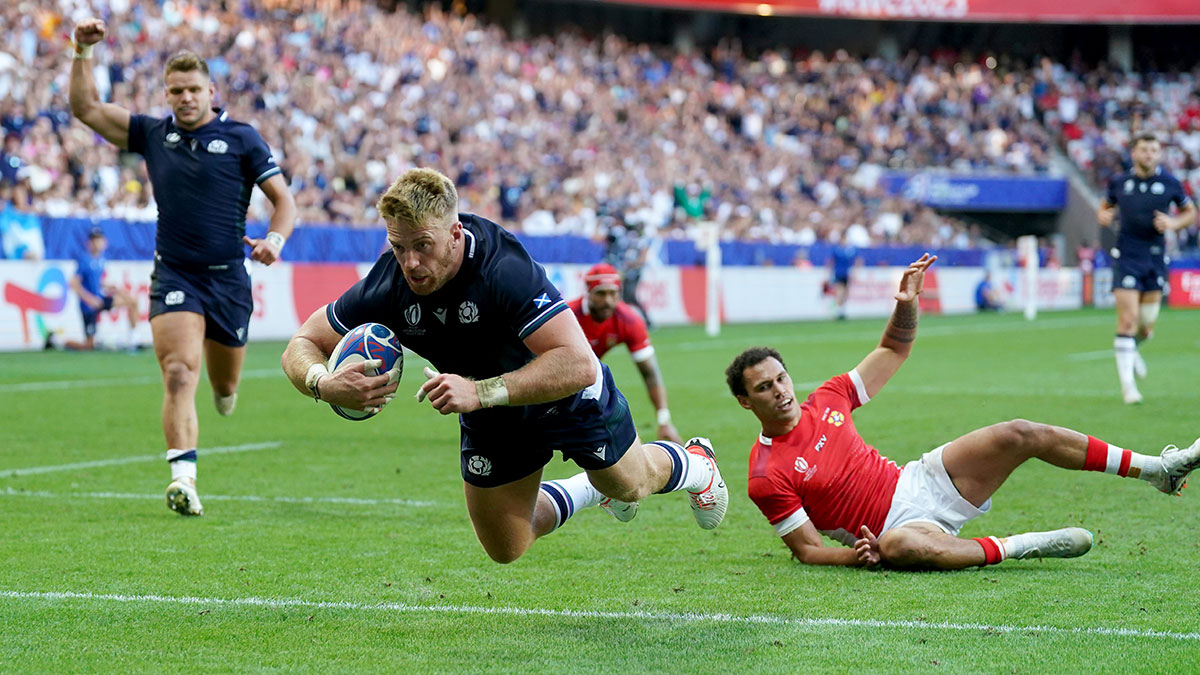 Kyle Steyn scores a try for Scotland v Tonga at 2023 Rugby World Cup