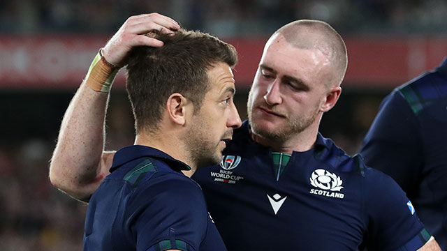 Laidlaw is comforted by team mate Stuart Hogg after Japan defeat